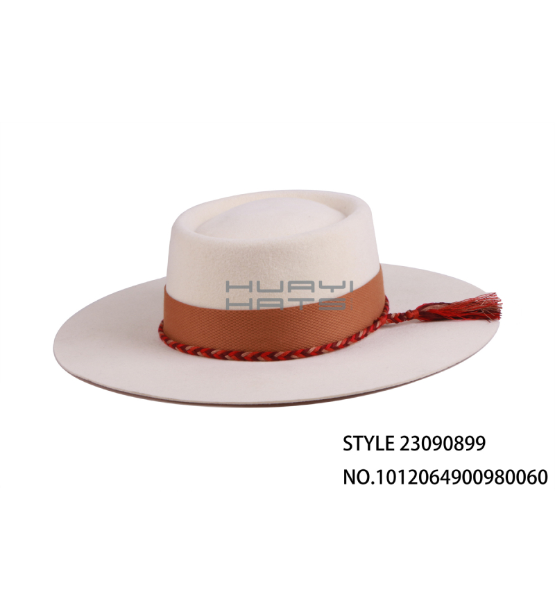 Wide Brim Pork Pie Hat With Hatband And Decorative String