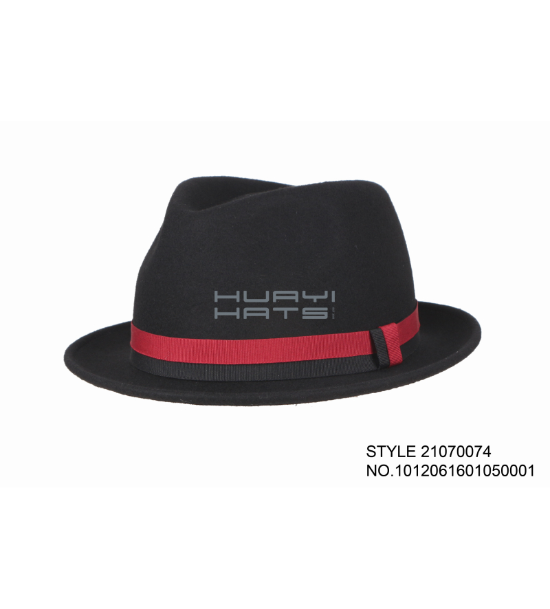 Black Wool Felt Short Brim Fedora Hat With Red Hatband For Mens For Sale