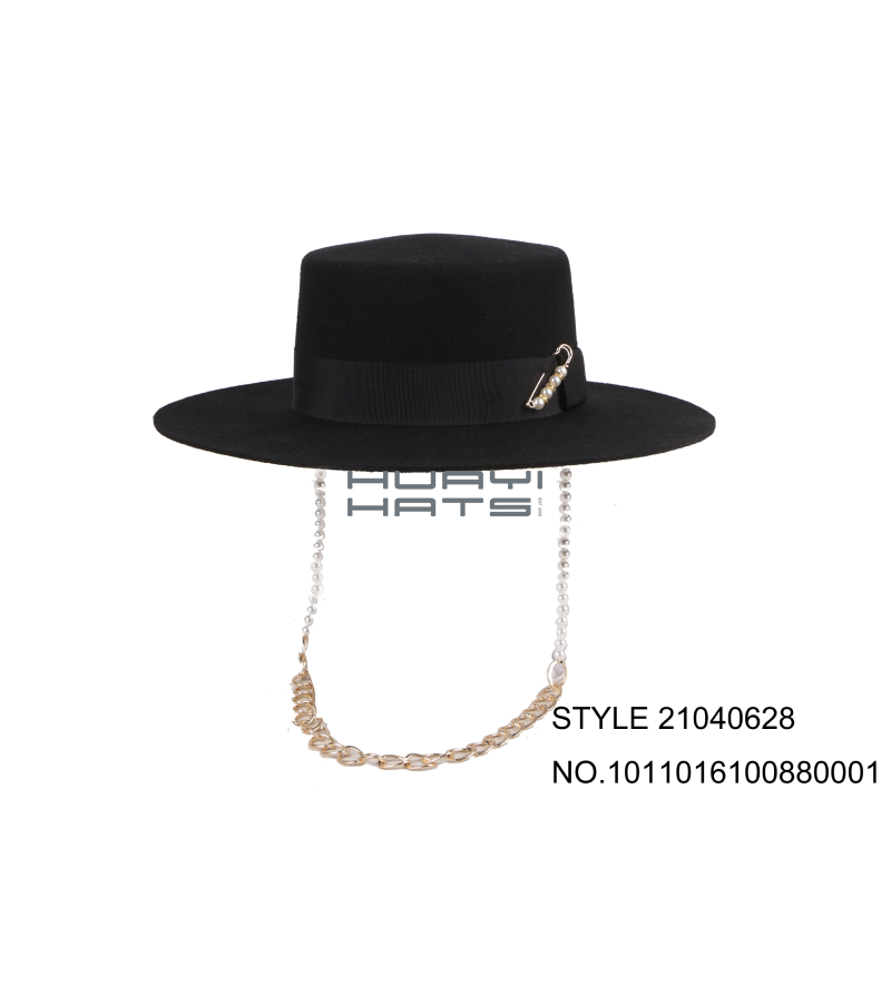 Wide Brim Black Boater Hat For Womens 100% Wool Felt
