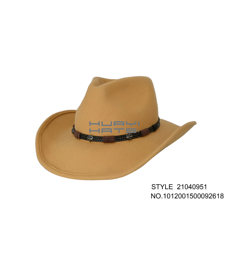 Yellow Wool Felt Cowboy Hat With Vintage Hatband For Men