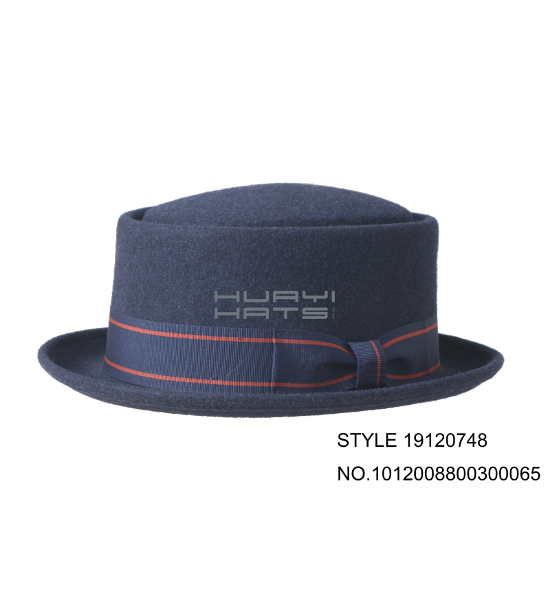 Mens Pork Pie Hat With Wide Grosgrain Ribbon 100% Wool Navy Blue