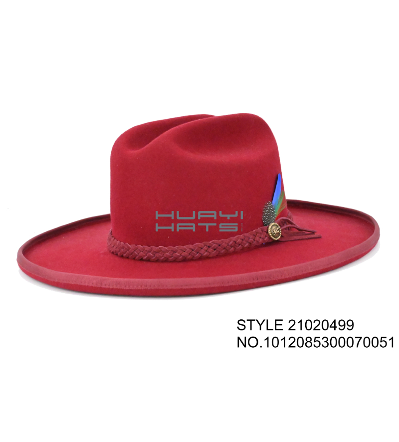 Red Wide Brim Fedora Hat With Feather Hatband For Men or Women