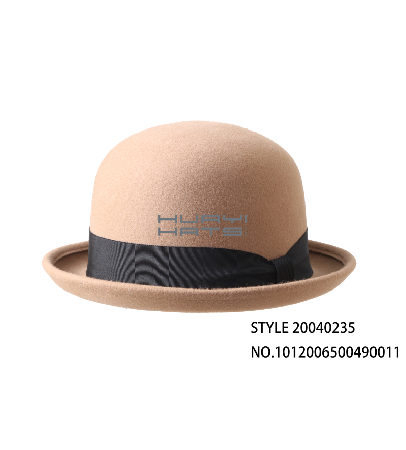 Women's Bowler Hat Camel Color Wool Felt Derby Hat With Black Ribbon