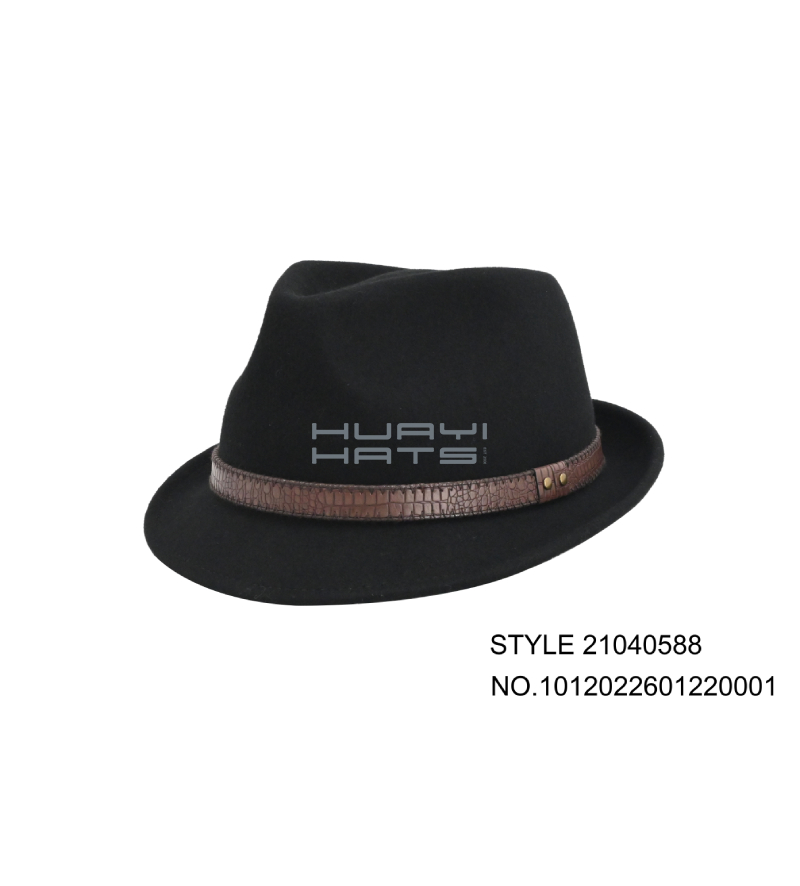 Mens Wool Felt Black Trilby Hat With Brown Leather Hatband For Sale