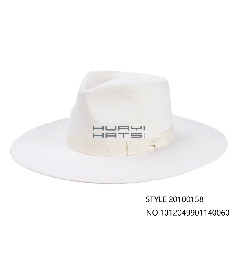 Mens White Fedora Hat With Bow Ribbon Wool Felt Wide Brim Hat