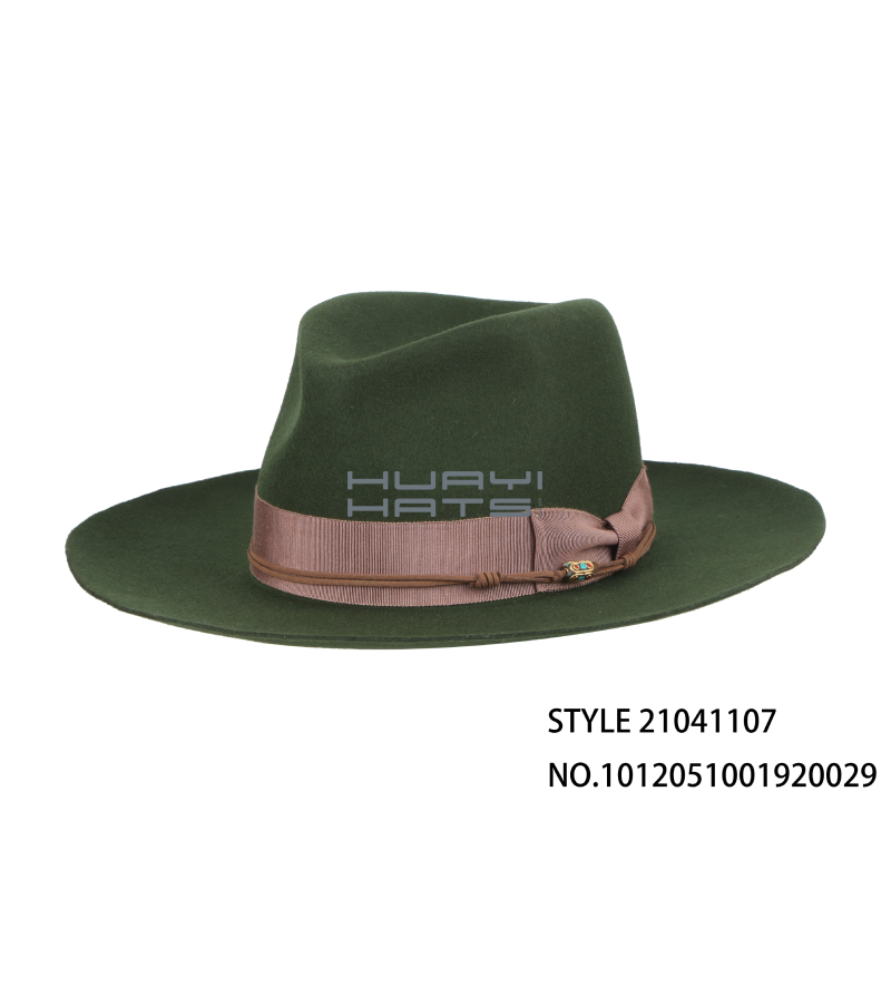 Custom Mens Green Wide Brim Wool Fedora Hat With Wide Hatband