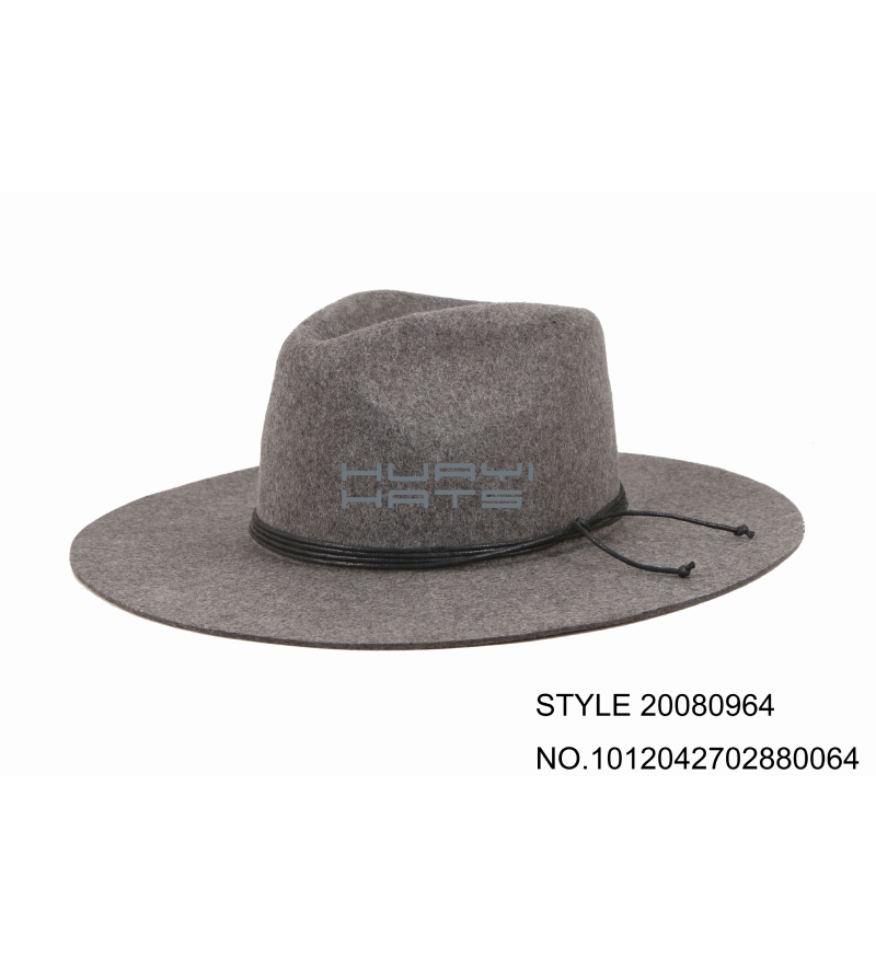 Mens Wool Fedoras Wide Brim Grey Hat With Black Rope Hatband
