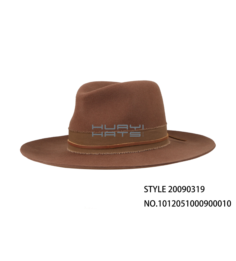 Womens Tan Fedora Hat With Wide Ribbon & Wide Brim