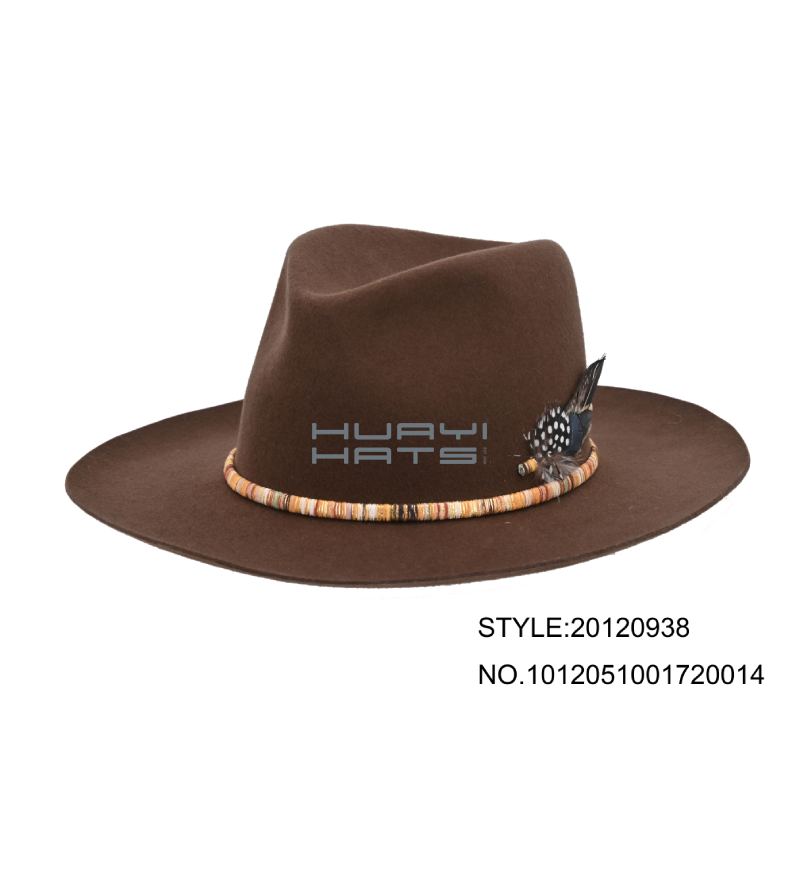 Mens Brown Fedora Wide Brim Wool Felt Hat With Feather
