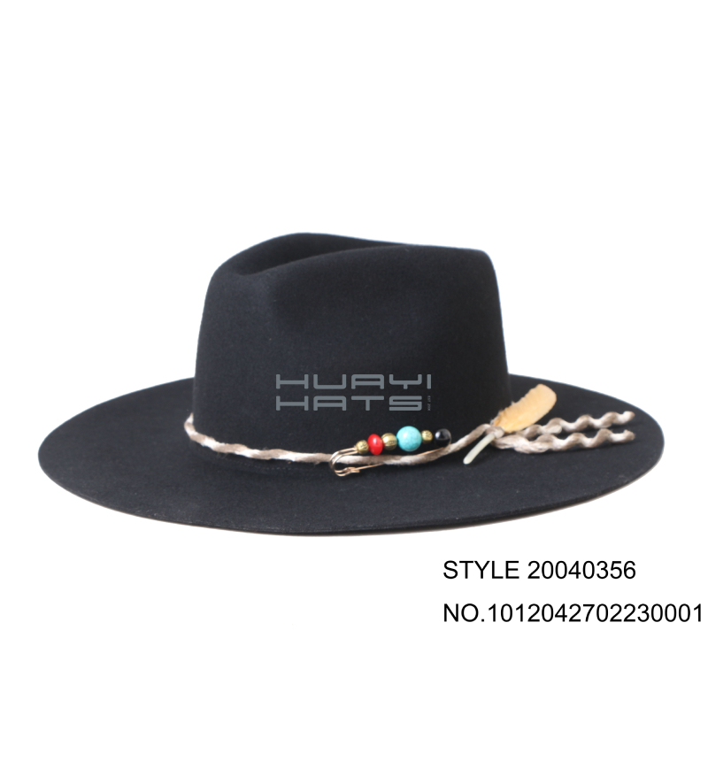Wide Brim Black Fedora Hat For Men With Rope Hatband