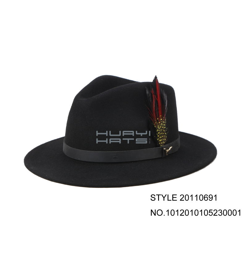 Black Fedora Hat With Red Feather For Men