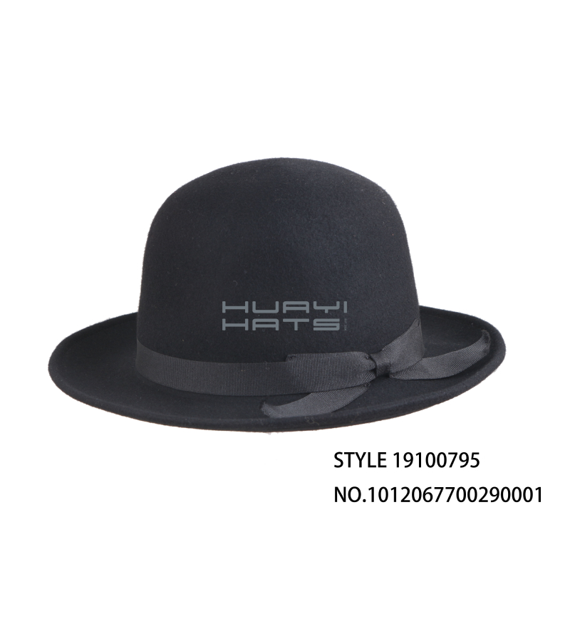 Mens Black Felt Wide Brimmed Bowler Hat With Ribbon