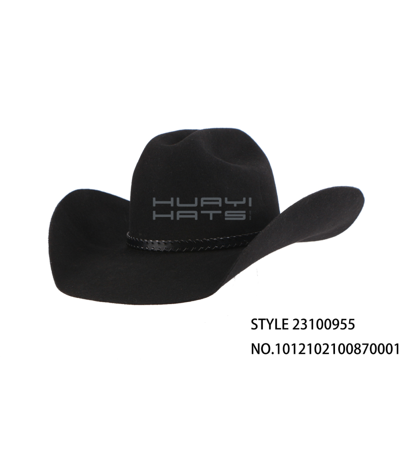 Custom Fashion Black Cowboy Hat With Leather Trim Strap