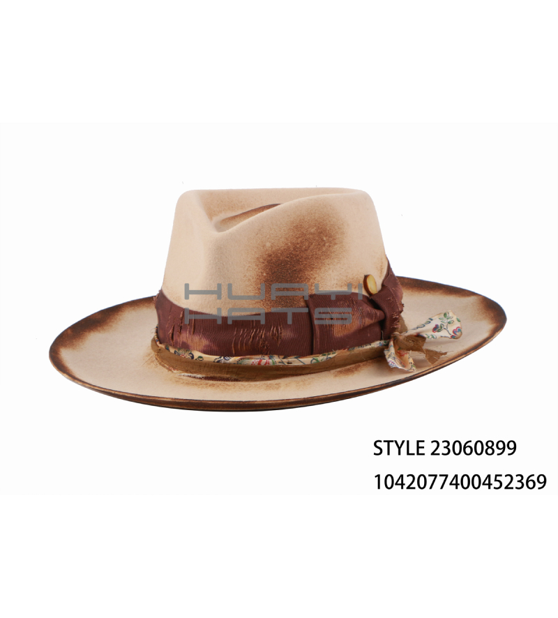 Custom Distressed Beige Men's Raised Brim Fedora Hat