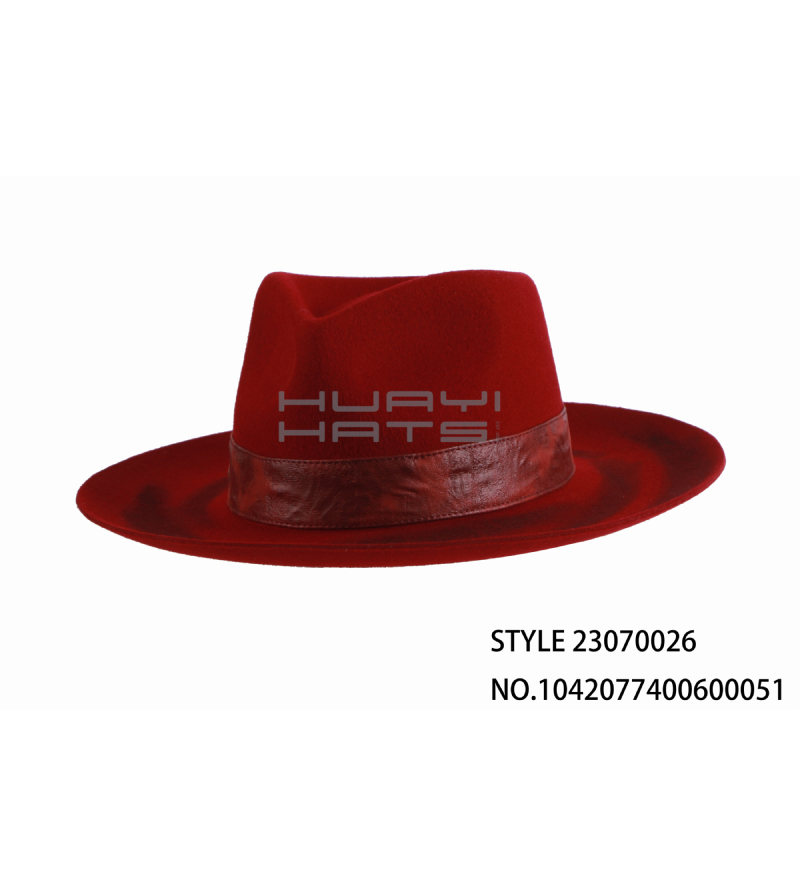 Custom Distressed Red Men's Raised Brim Fedora Hat